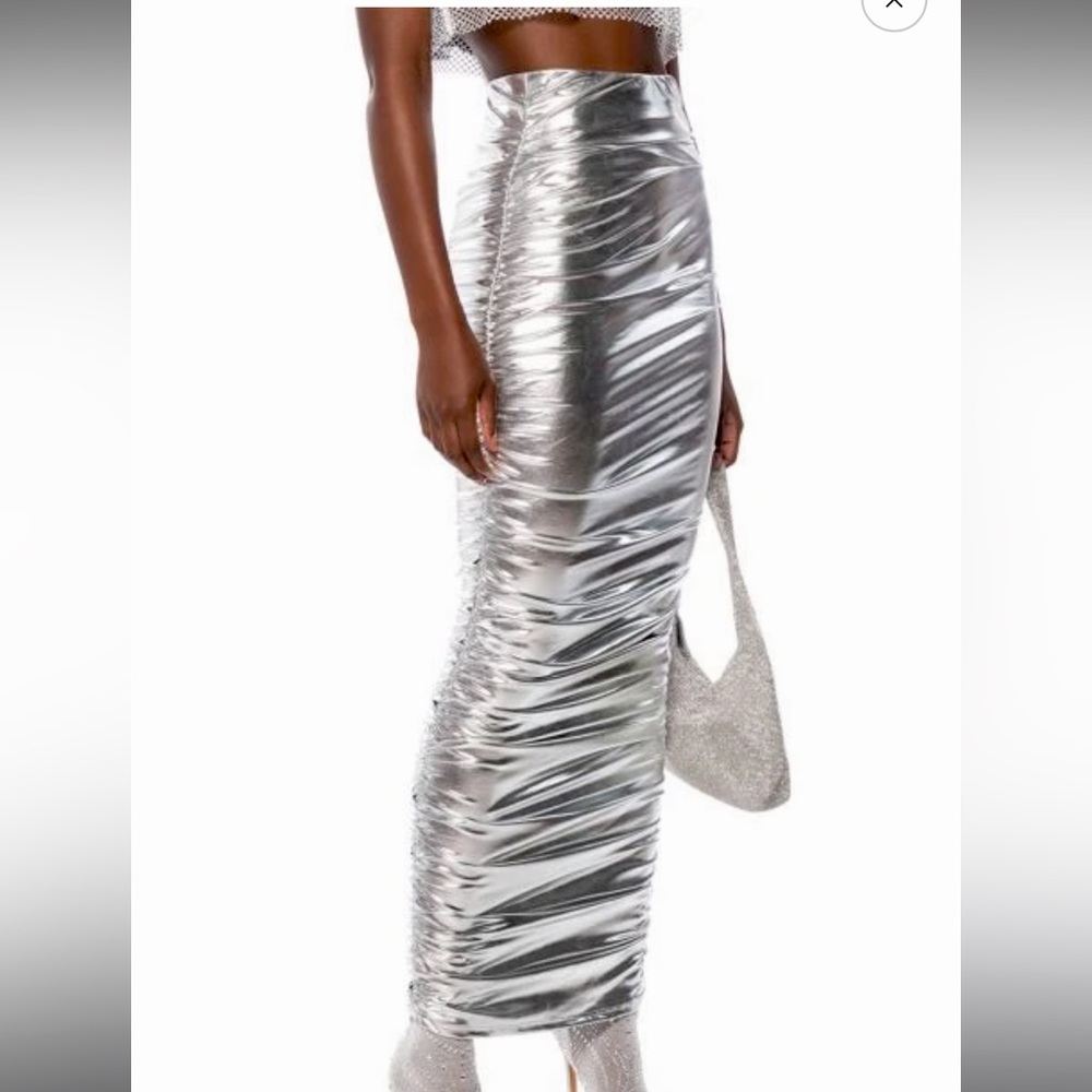 Akira Silver Metallic Ruched Maxi Skirt